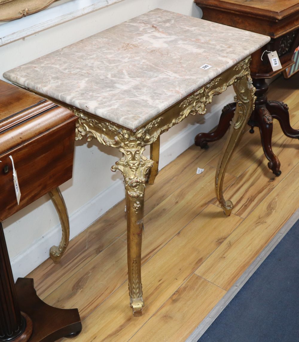 A late Victorian giltwood gesso centre table having marble top, W.77cm